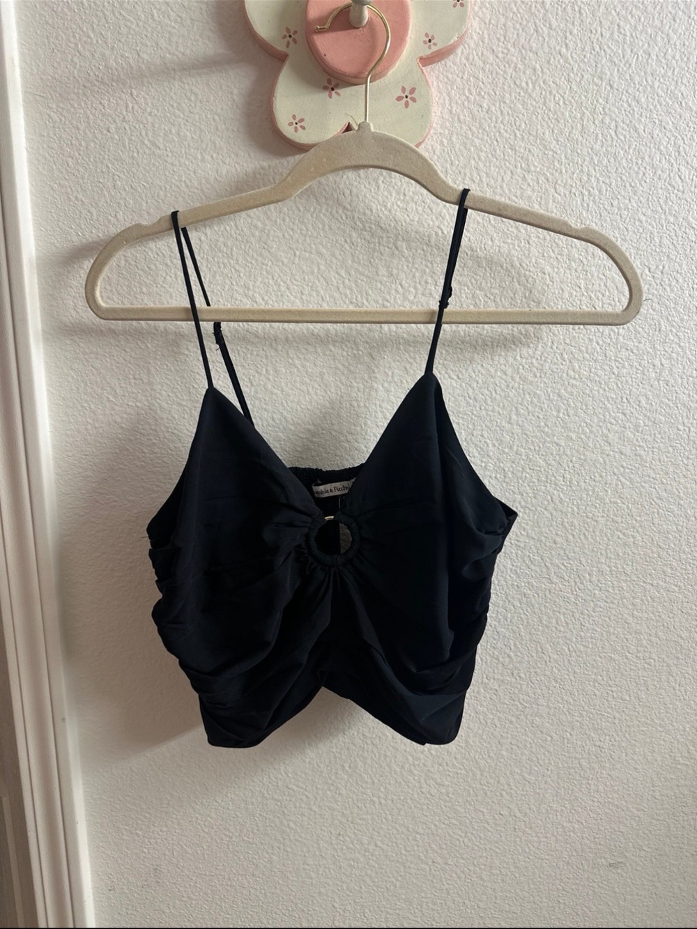 Abercrombie & Fitch Black Ruched Ring-Front Spaghetti Strap Crop Top